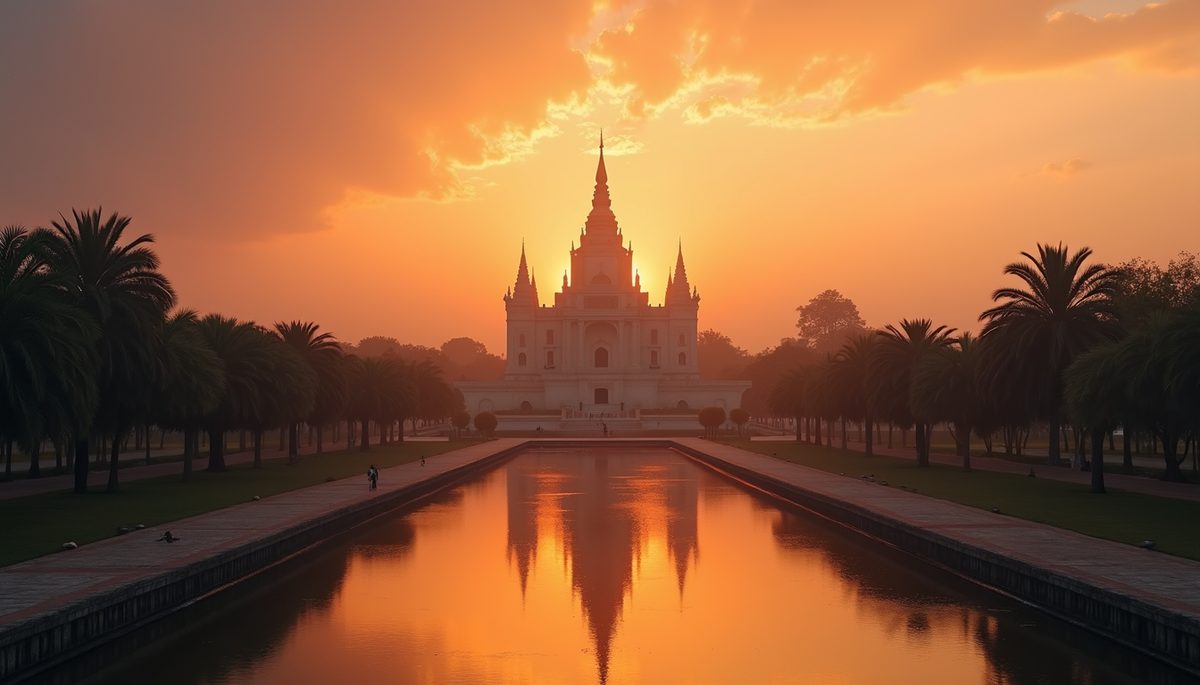 Wide angle view of a serene temple at sunset