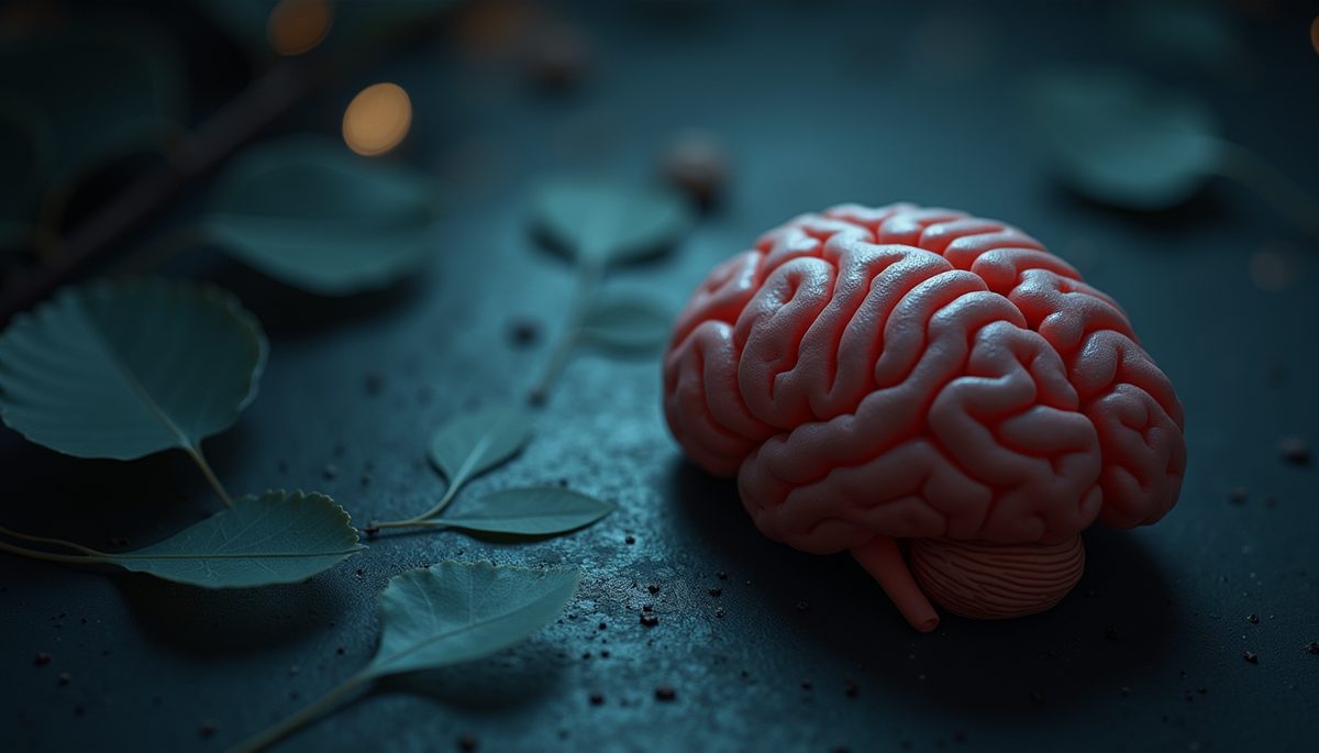 High angle view of a dimly lit brain illustration