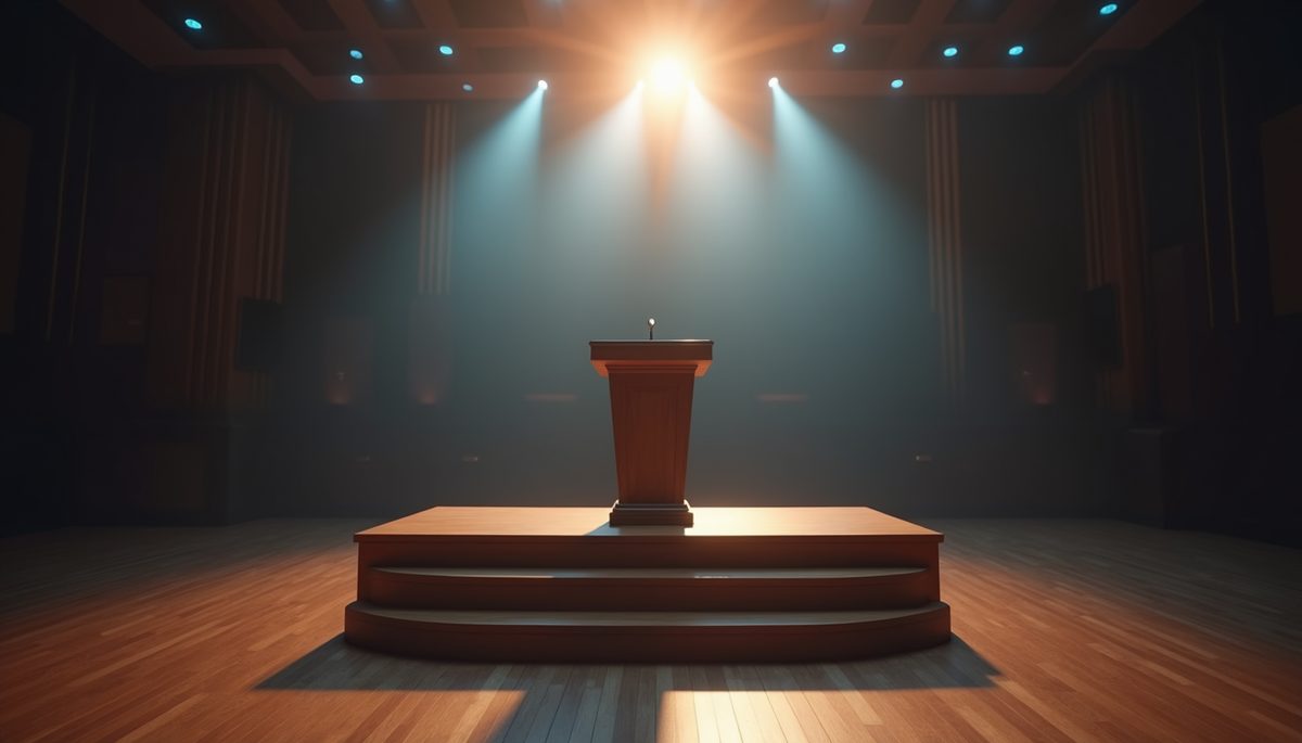 Eye-level view of an empty podium waiting for a speaker