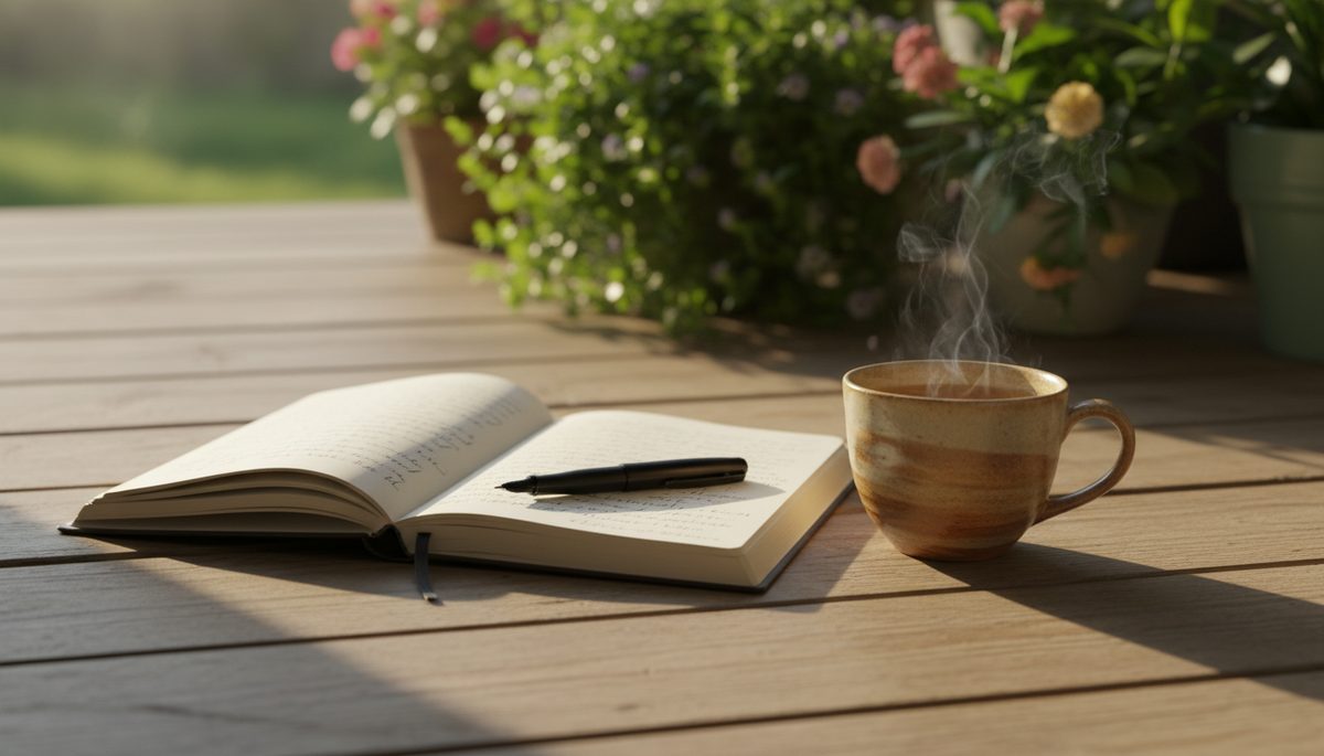 Close-up view of a journal open beside a cup of tea on a wooden porch.