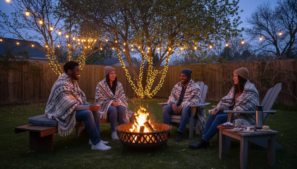 Wide-angle view of a small group gathered around a backyard fire pit at dusk.