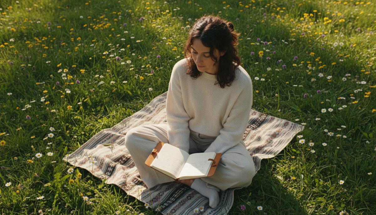 Overhead view of a person sitting on a blanket in a sunny park with a notebook