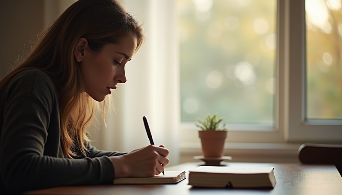 Close-up view of a woman journaling in a serene space