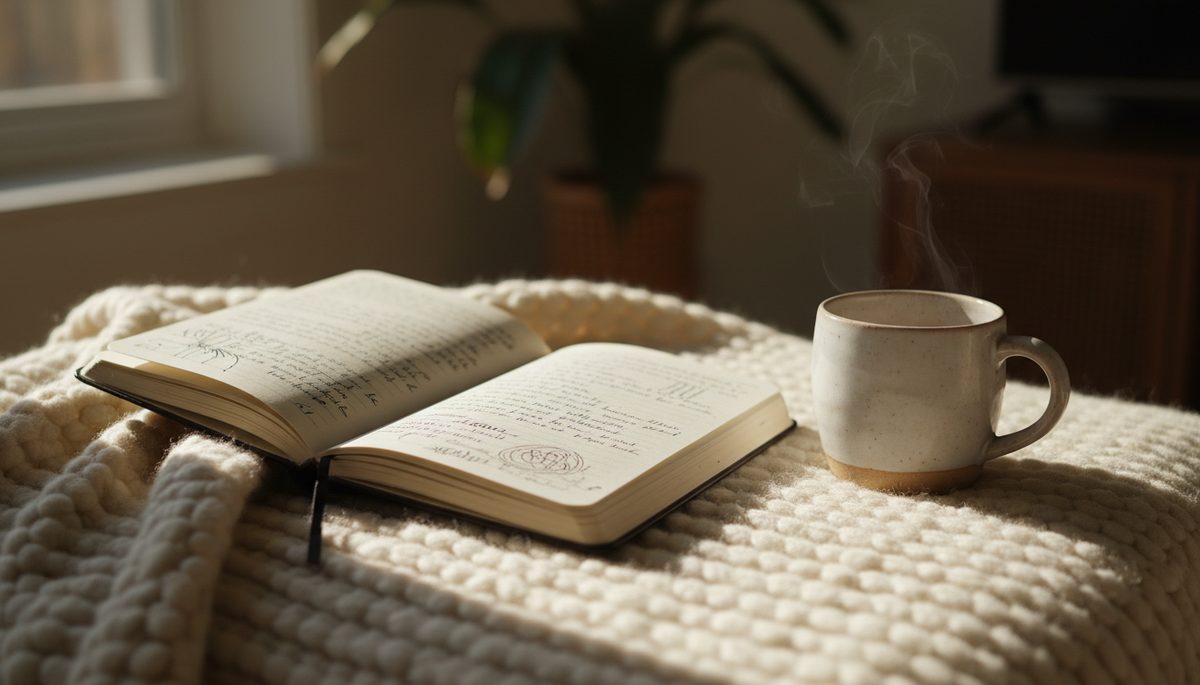 Close-up view of a handwritten intention journal with a ceramic mug nearby