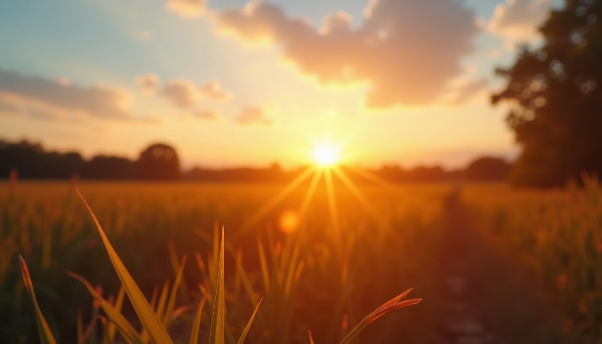 Eye-level view of a bright sunrise over a serene landscape