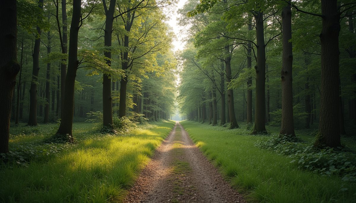 Wide angle view of a tranquil nature scene with a path leading into the woods