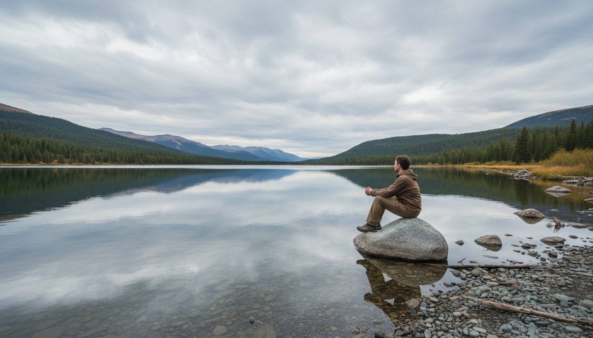 Wide-angle view of a person sitting beside a quiet lake under a cloudy sky.