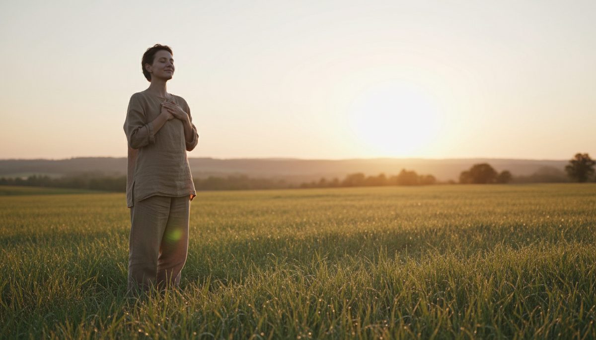 Eye-level view of a person standing quietly in morning light near an open field.