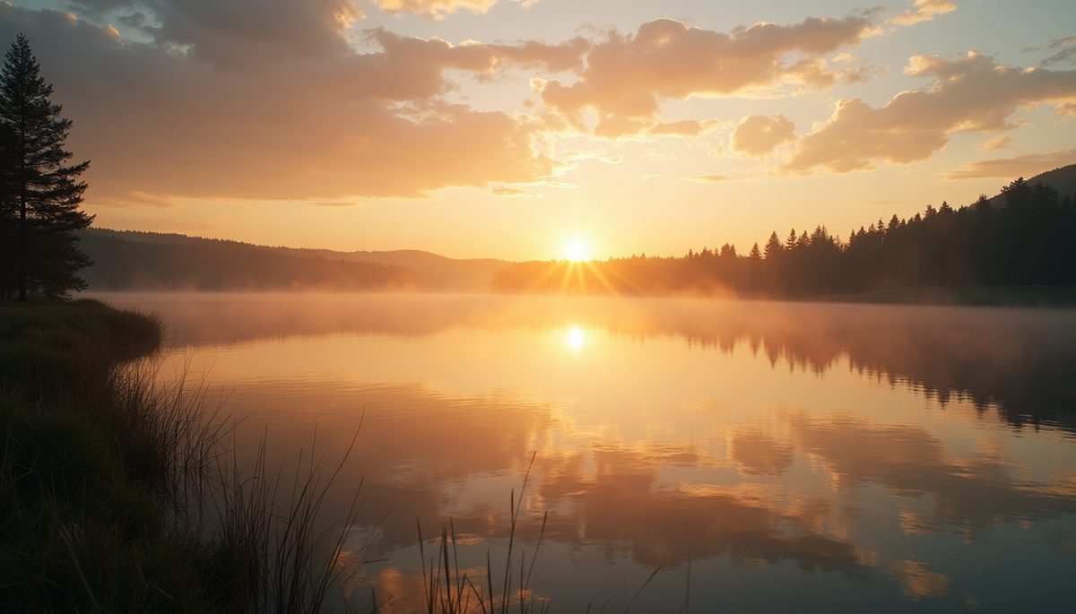 Wide angle view of a calm lake at sunset