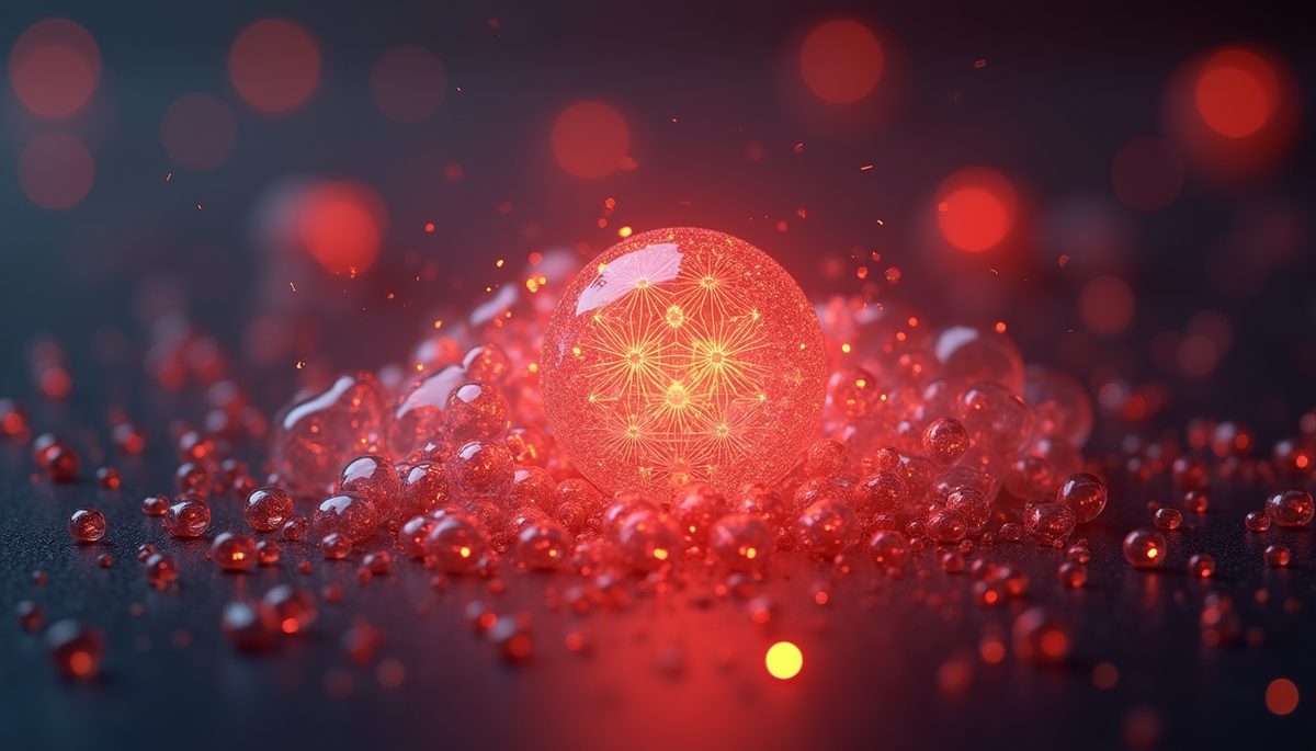Close-up view of a glowing quantum particle model
