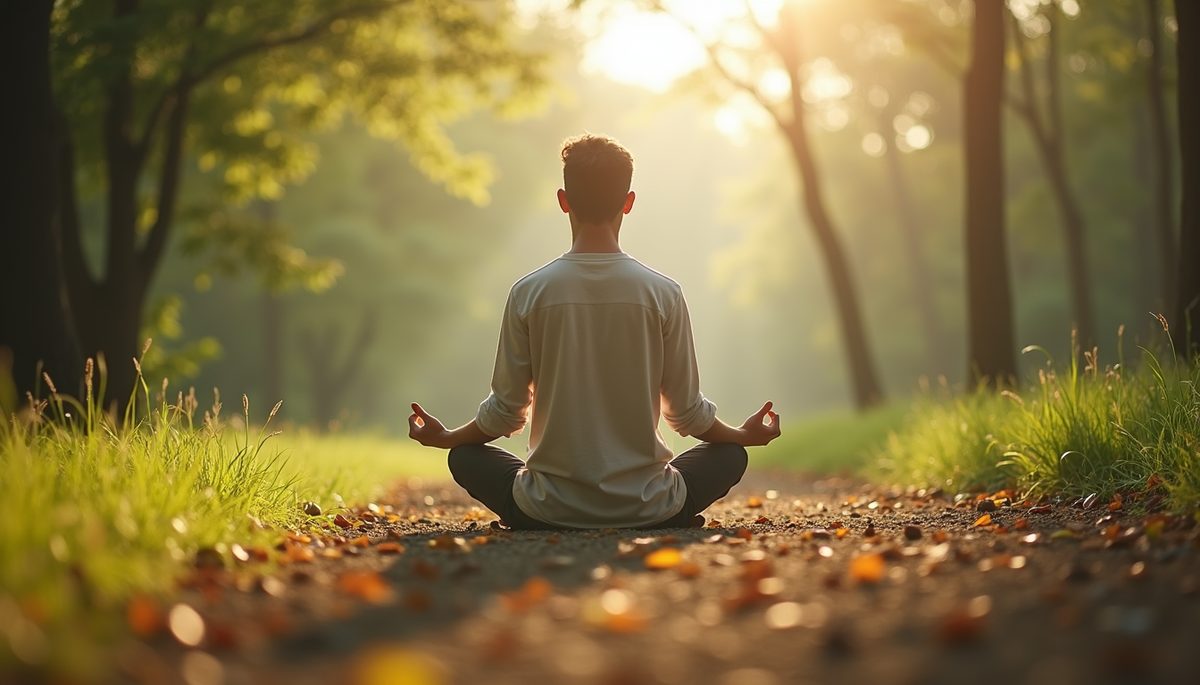 Eye-level view of a person meditating in a serene natural setting