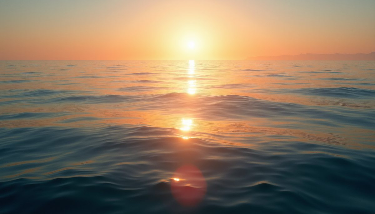 High angle view of a calm ocean during sunset, representing tranquility and acceptance