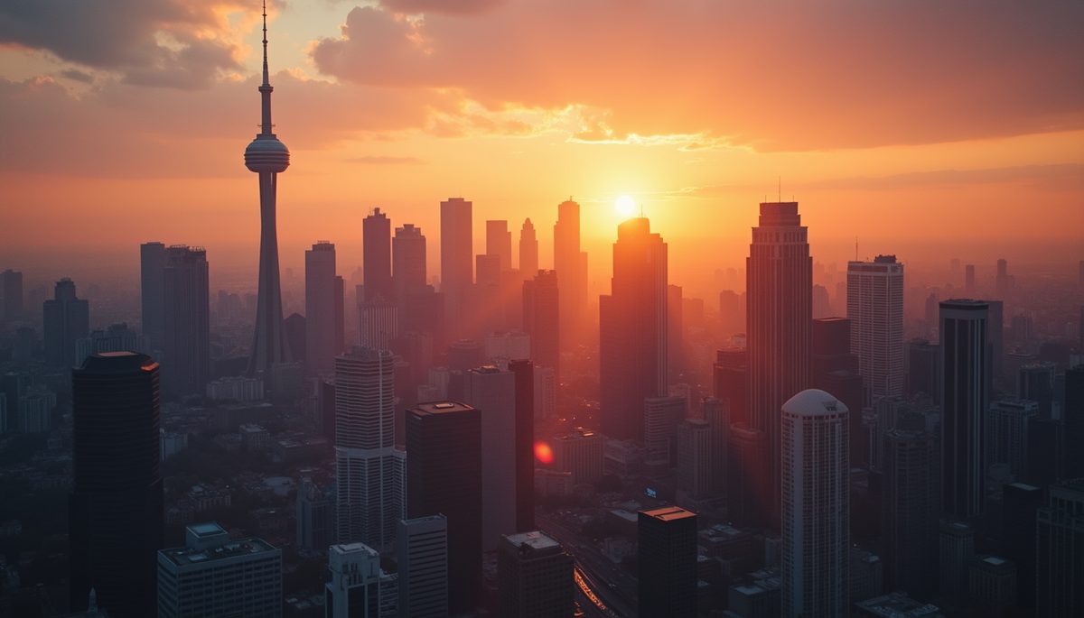 Eye-level view of a city skyline during sunset