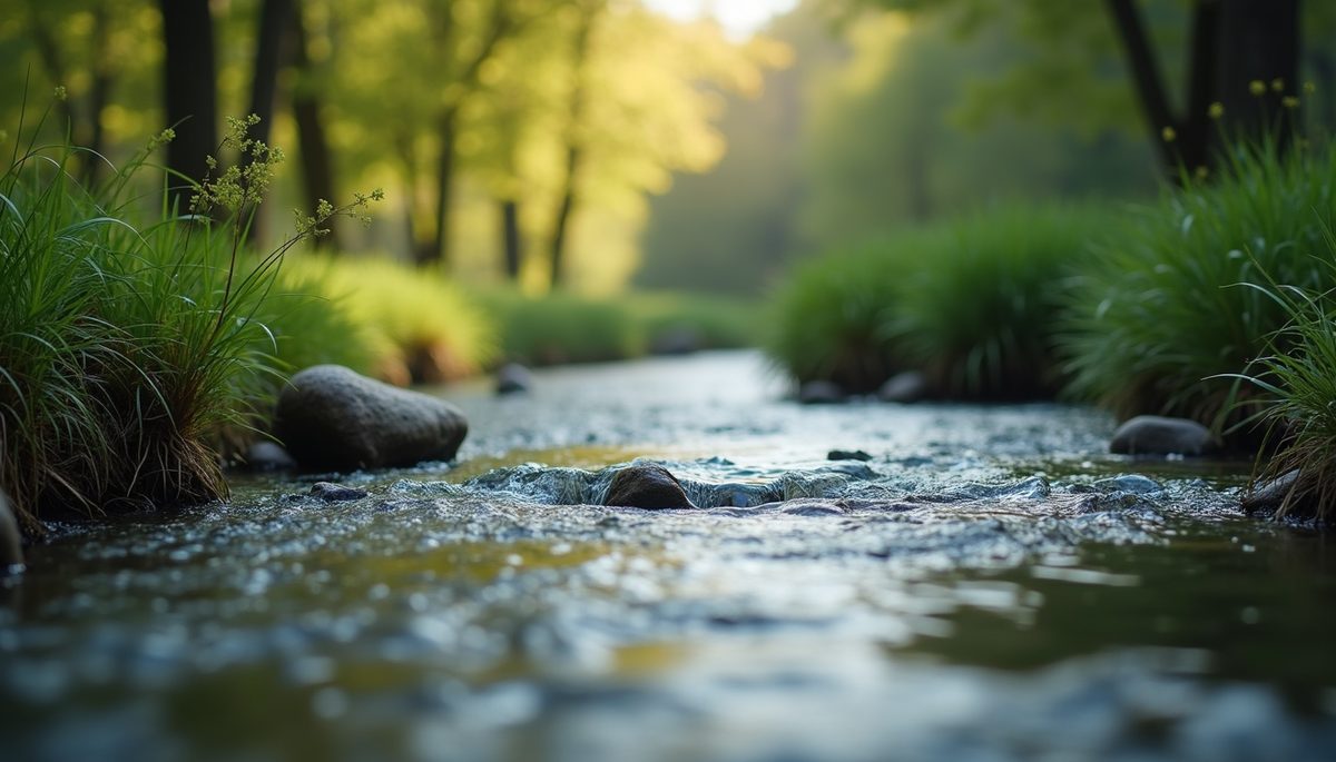 Eye-level view of peaceful nature scene with a flowing river