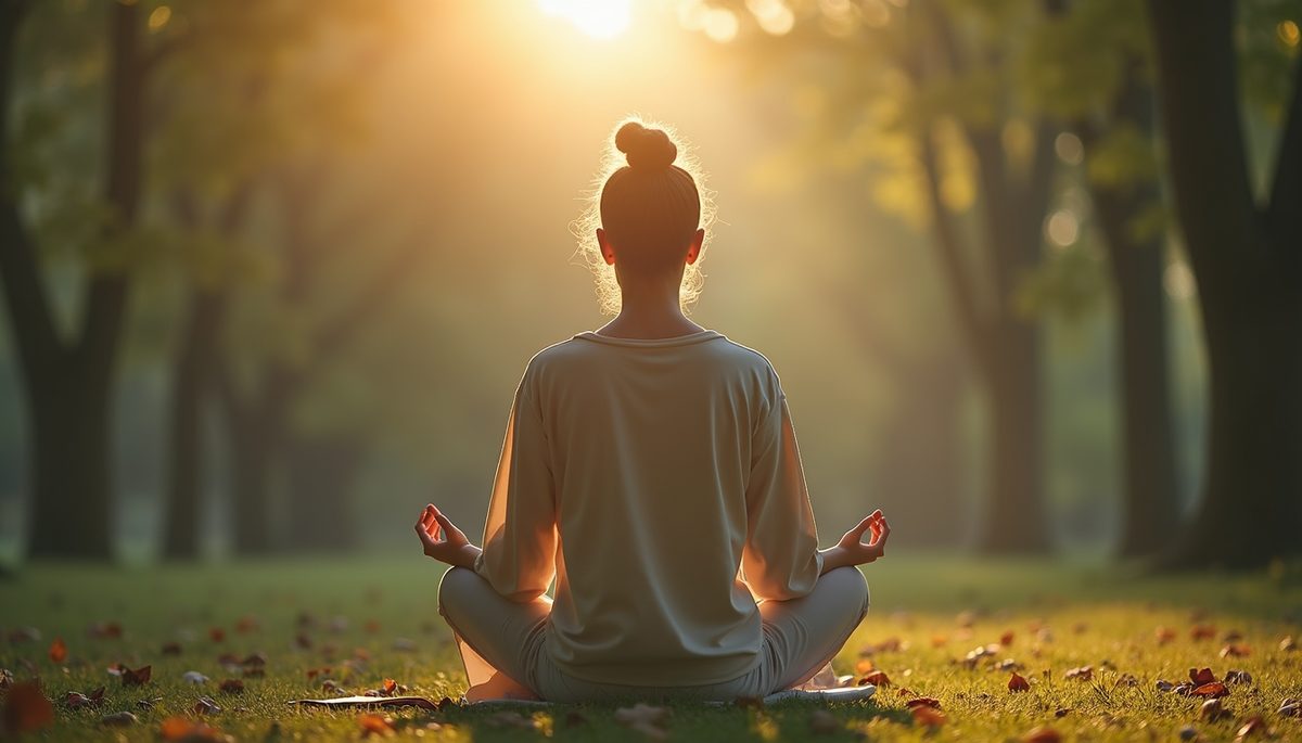 Close-up view of a person meditating in a serene environment