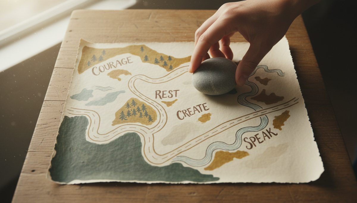 Overhead view of a hand placing a small stone on a handwritten map of branching paths.