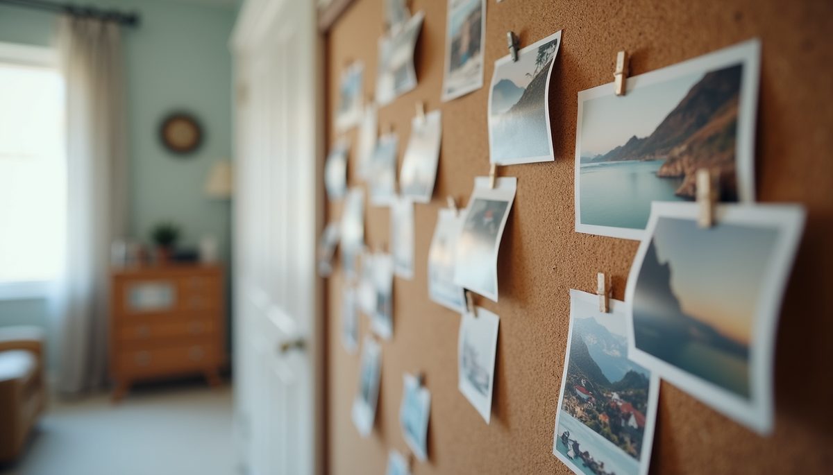 High angle view of a vision board decorated with photos and motivational quotes