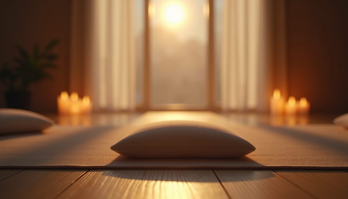 Eye-level view of a serene room with candles and a meditation cushion