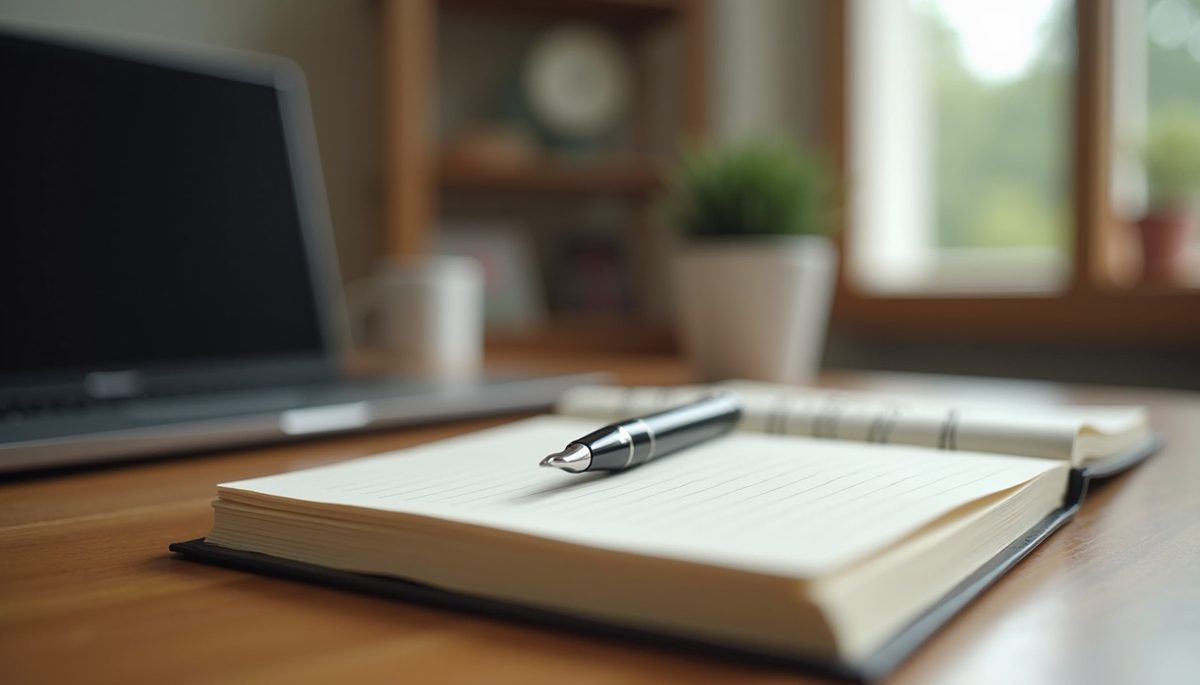Eye-level view of a journal and pen placed on a wooden table