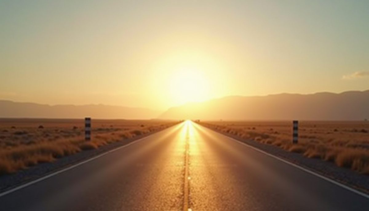 High-angle view of an open road leading towards a bright horizon