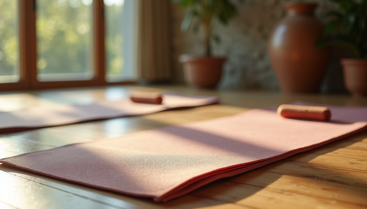 High angle view of peaceful yoga mats in a tranquil setting