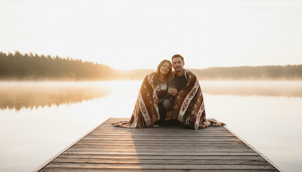 Wide-angle view of two people sitting calmly near a lake at sunrise.