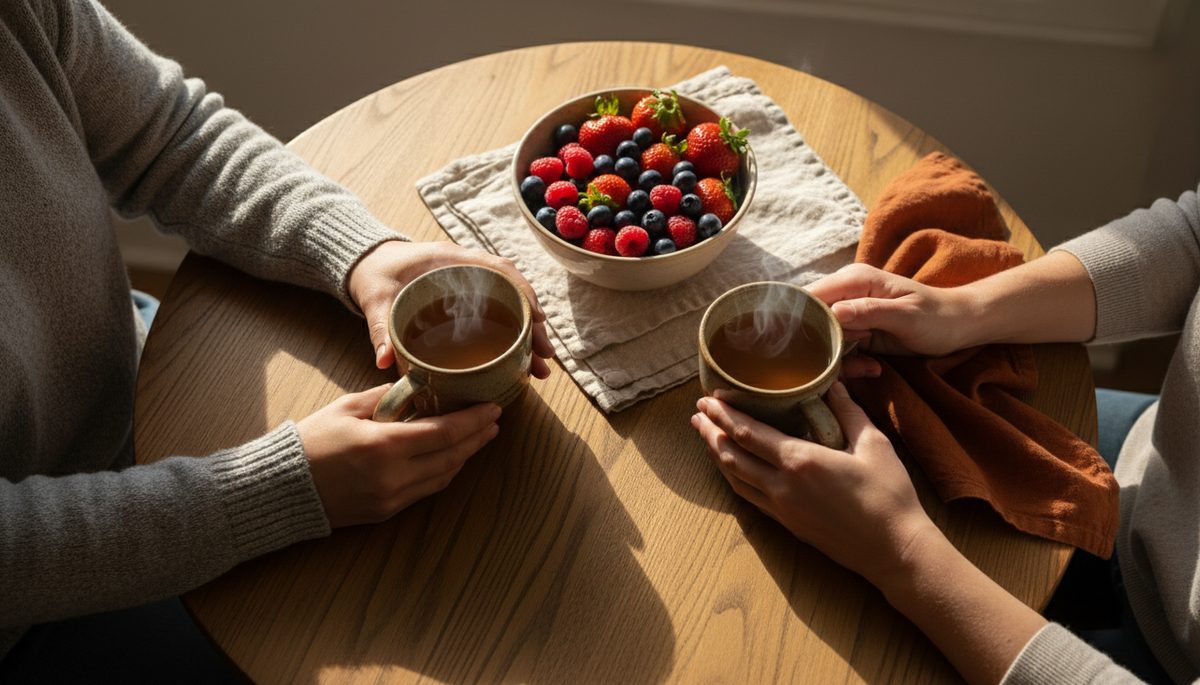 Overhead view of two hands holding mugs beside a small bowl of fresh berries.