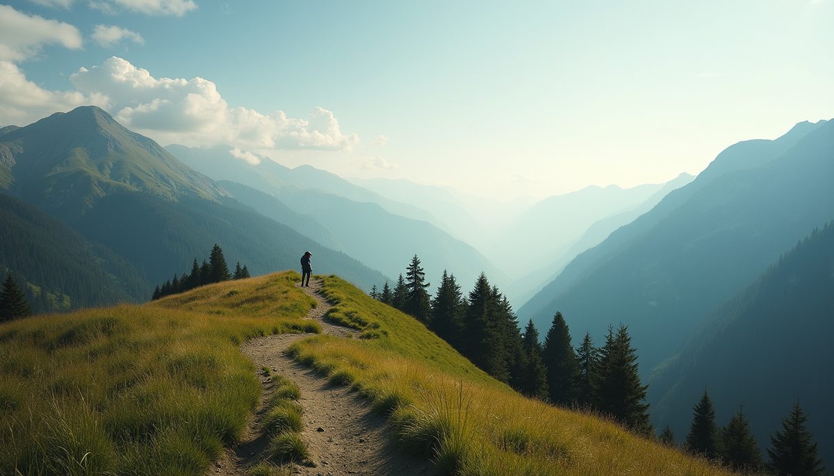 Wide angle view of a peaceful mountain landscape