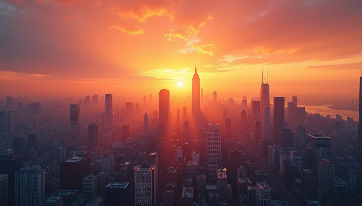 Close-up view of a vibrant city skyline at sunrise, symbolizing ambition and dreams