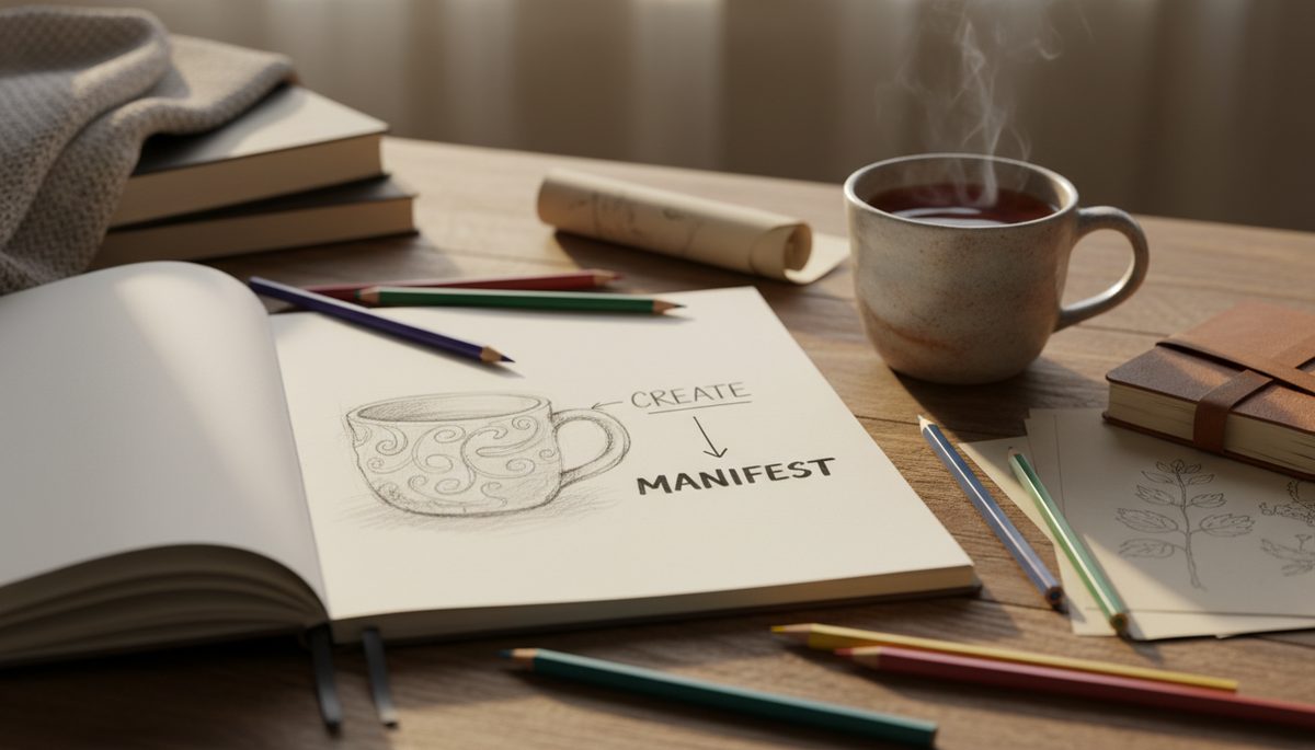 Close-up of a sketchbook showing a half-finished drawing beside a cup of tea
