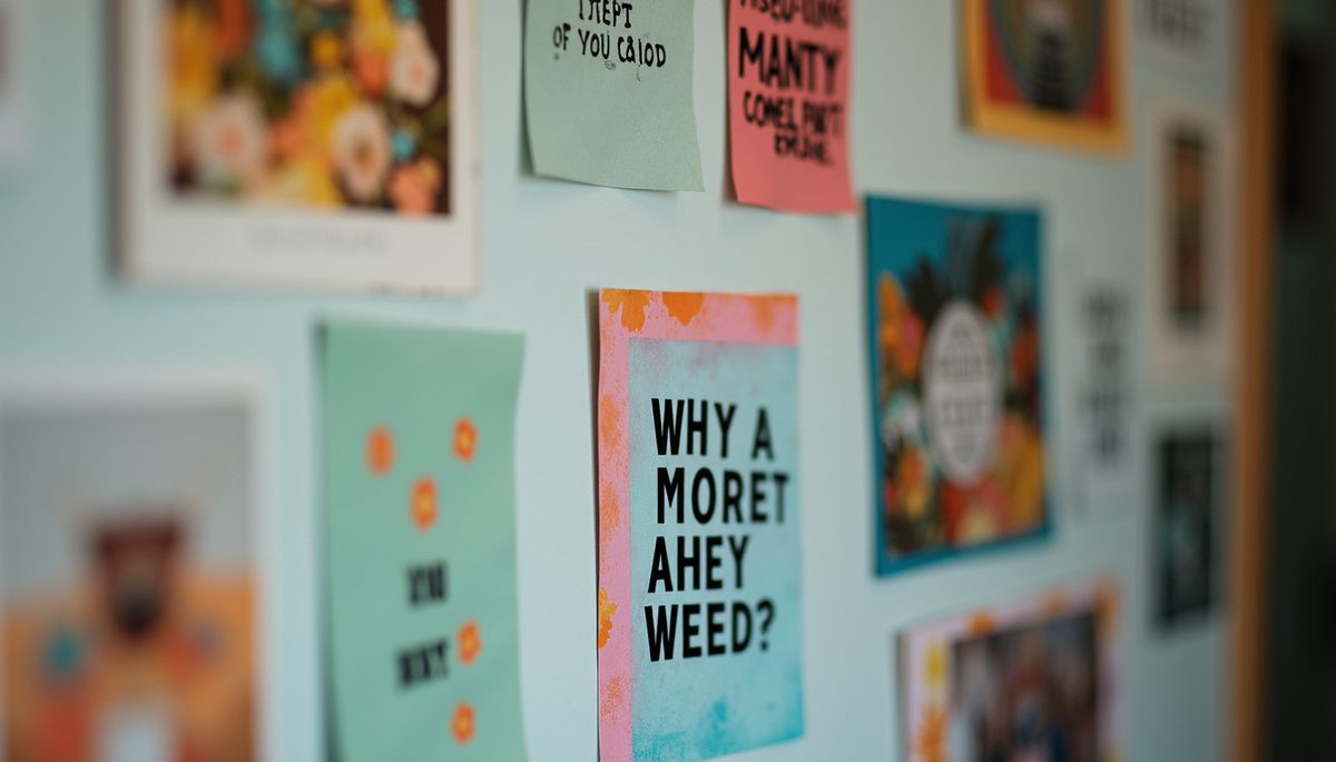 Eye-level view of a vision board filled with colorful images and motivational quotes