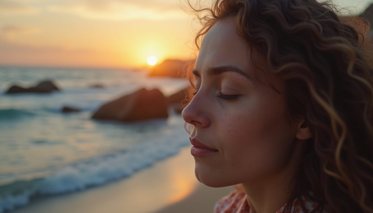 Close-up view of a person meditating with eyes closed, visualizing their goals