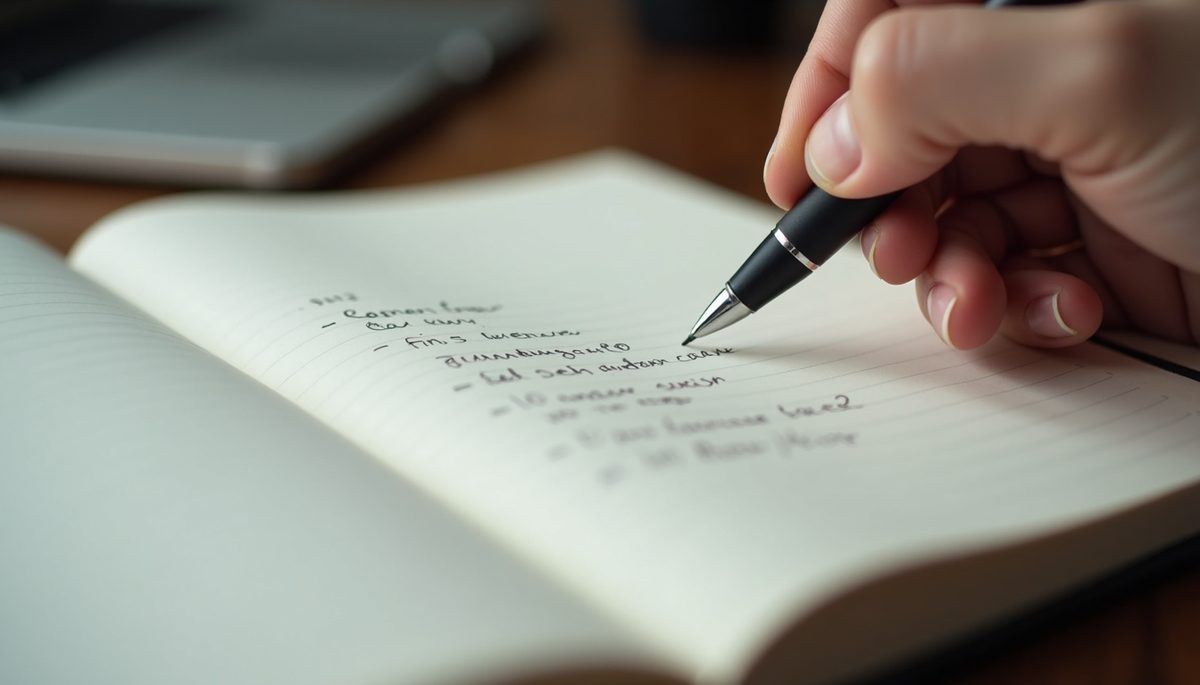 Eye-level view of a journal with handwritten goals and a pen