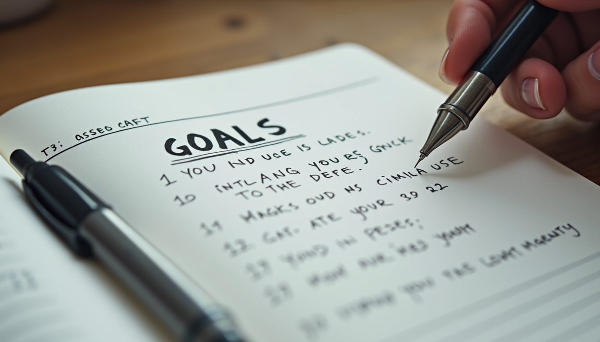 Eye-level view of a journal with handwritten goals and a pen