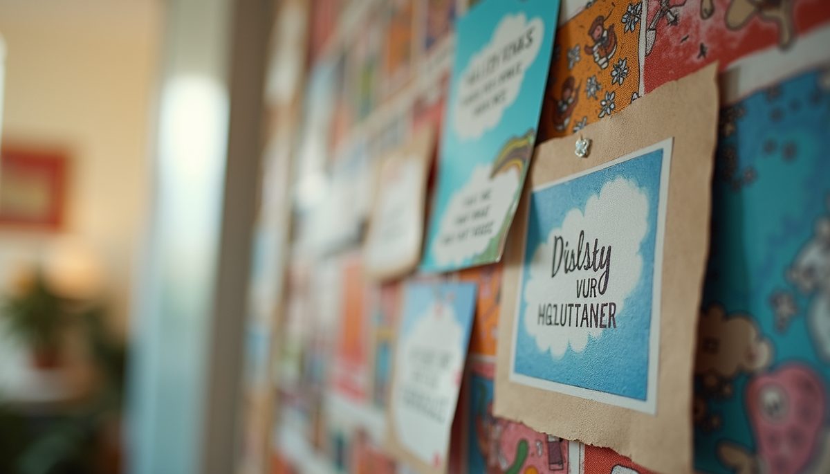Eye-level view of a vision board filled with colorful images and motivational quotes