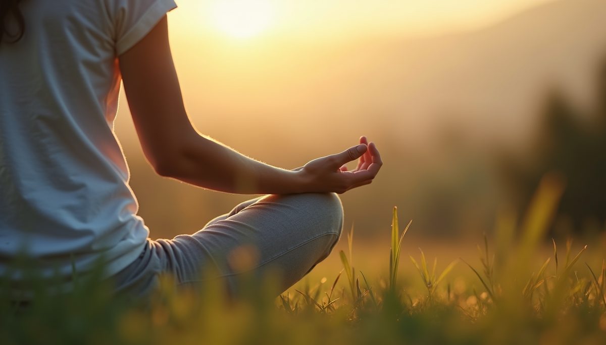 Close-up view of a person meditating in a serene outdoor setting