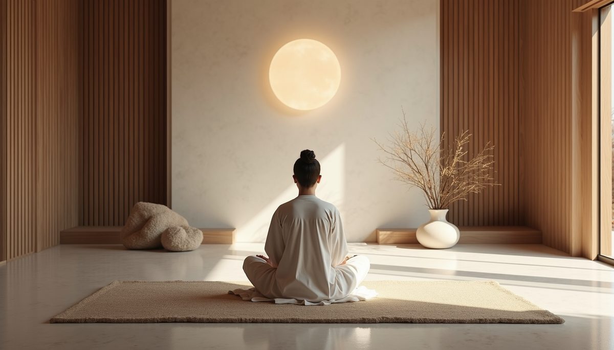 Wide angle view of a serene meditation space