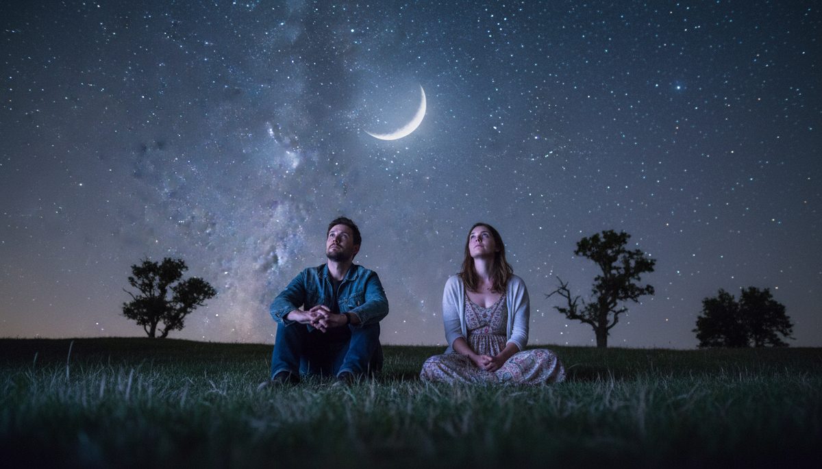 Eye-level view of two people sitting apart under the same night sky