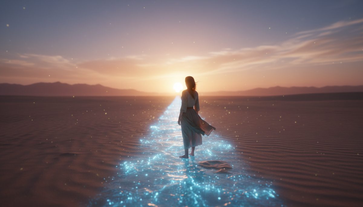 Wide-angle view of a person standing at the edge of a glowing path in a quiet desert at sunrise