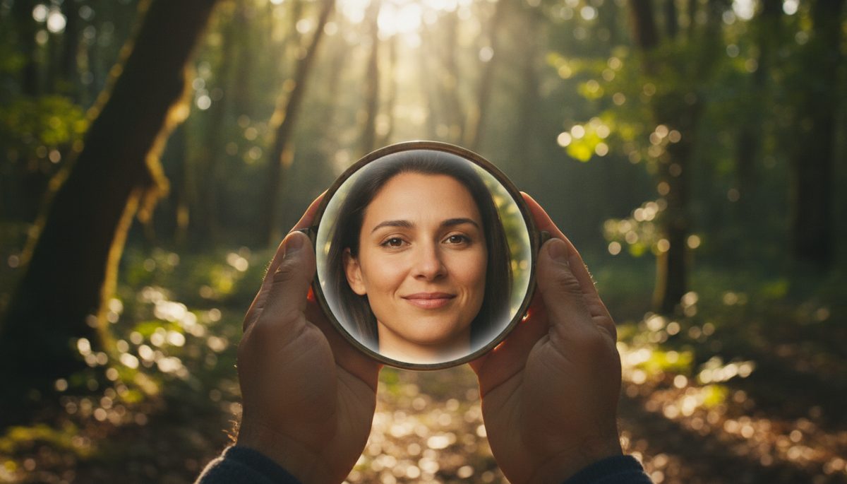 Close-up of two hands holding a small mirror that reflects a calm, future version of the same person outdoors