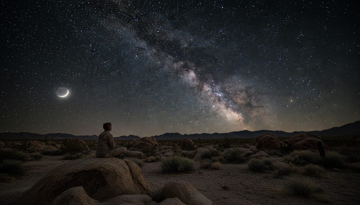 Wide-angle view of a person meditating under a starry night sky