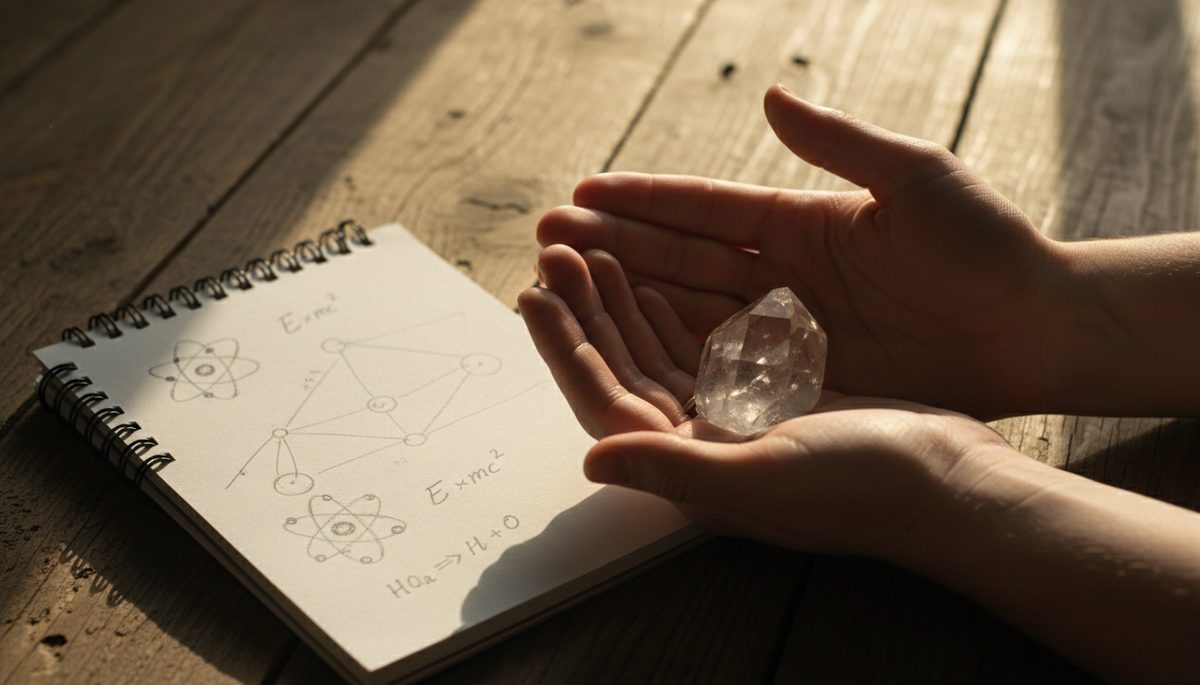 Close-up view of hands holding a small clear quartz crystal beside an open science notebook