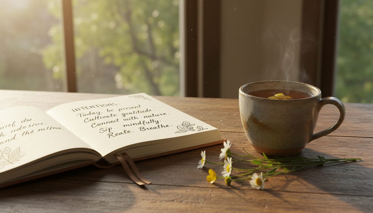 Eye-level view of a journal open beside a cup of tea and wildflowers.