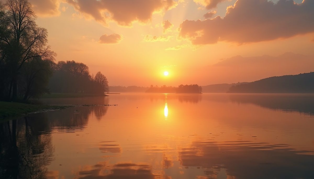 Wide angle view of a peaceful sunset over a tranquil lake