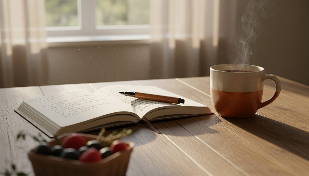 Eye-level view of an open journal beside a mug on a quiet kitchen table.