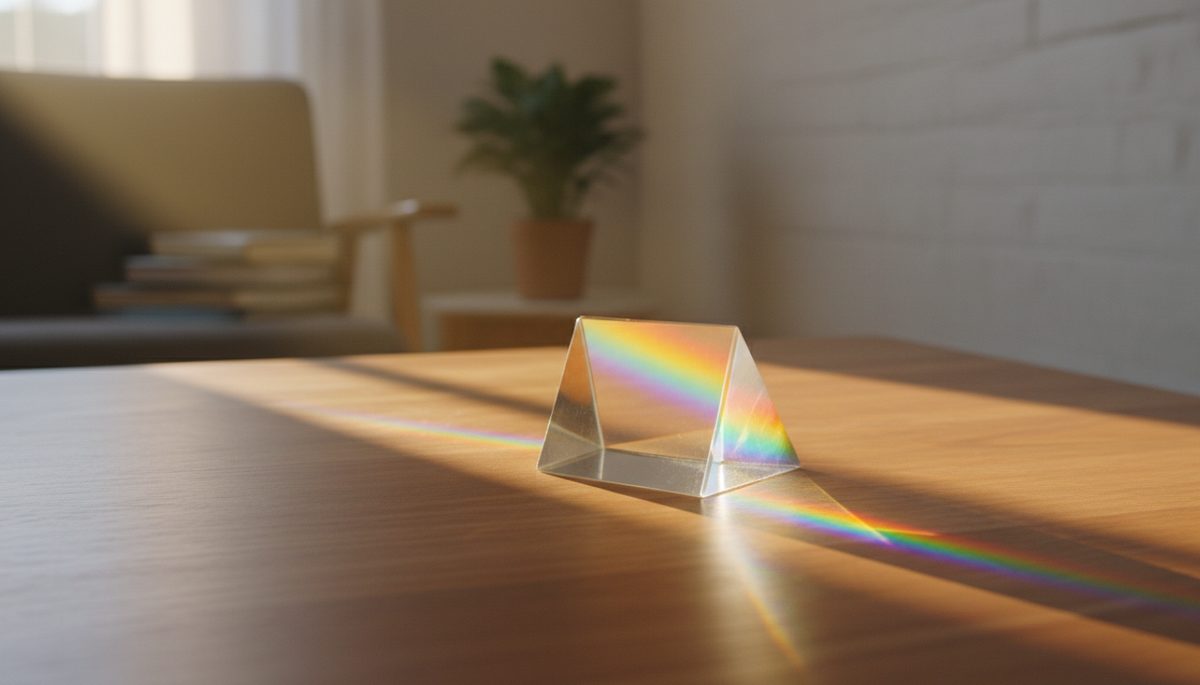 Wide-angle view of a glass prism splitting sunlight into many colors on a wooden table
