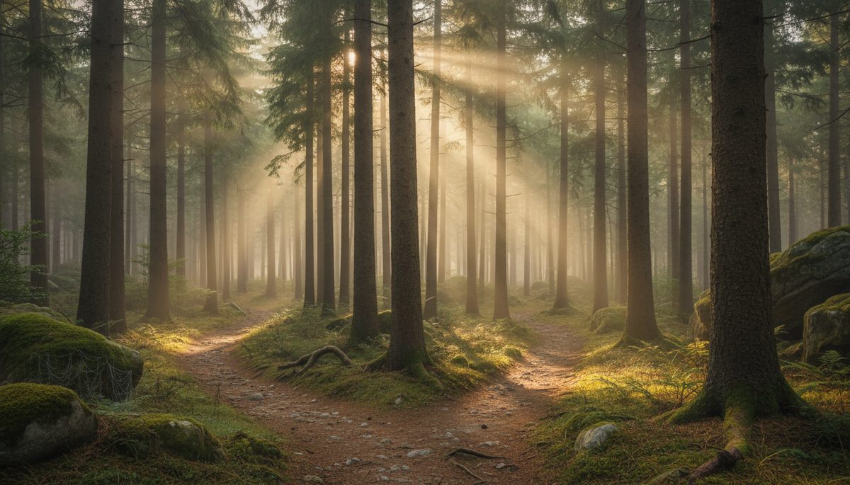 Wide-angle view of two forest paths splitting in different directions under soft morning light