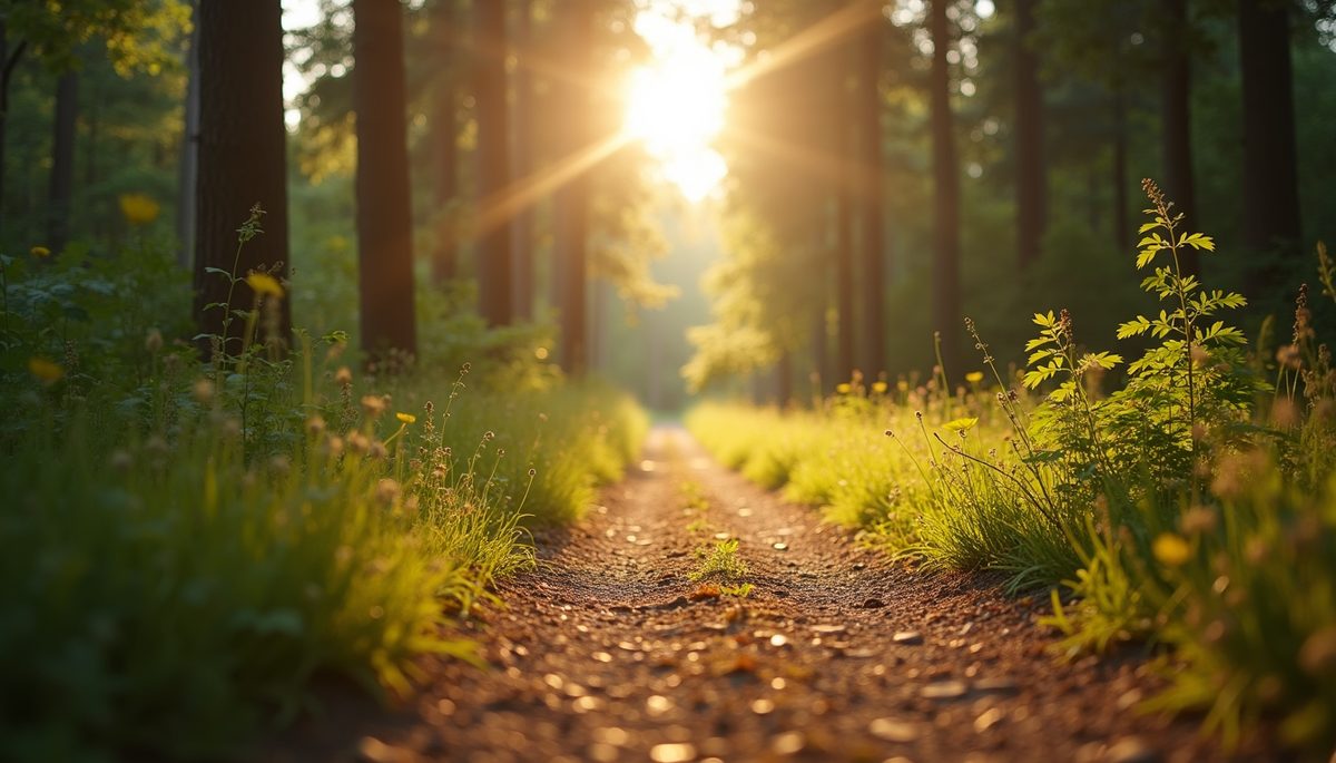 Eye-level view of a bright, sunlit path in a forest