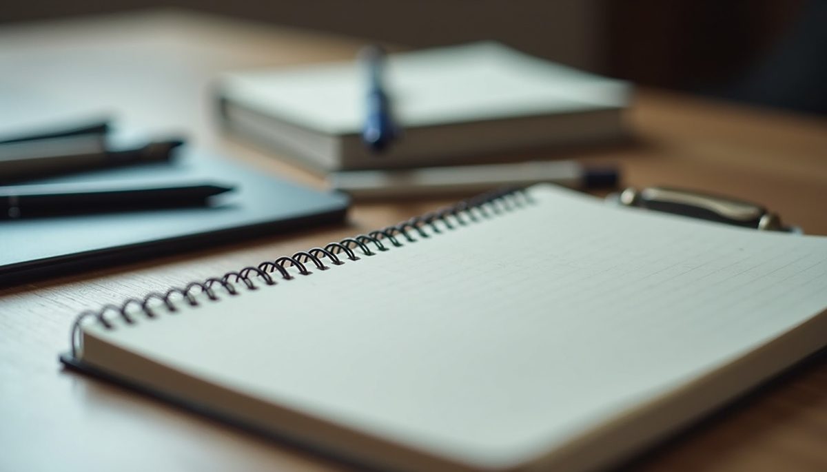 Close-up view of a notebook with scattered pens