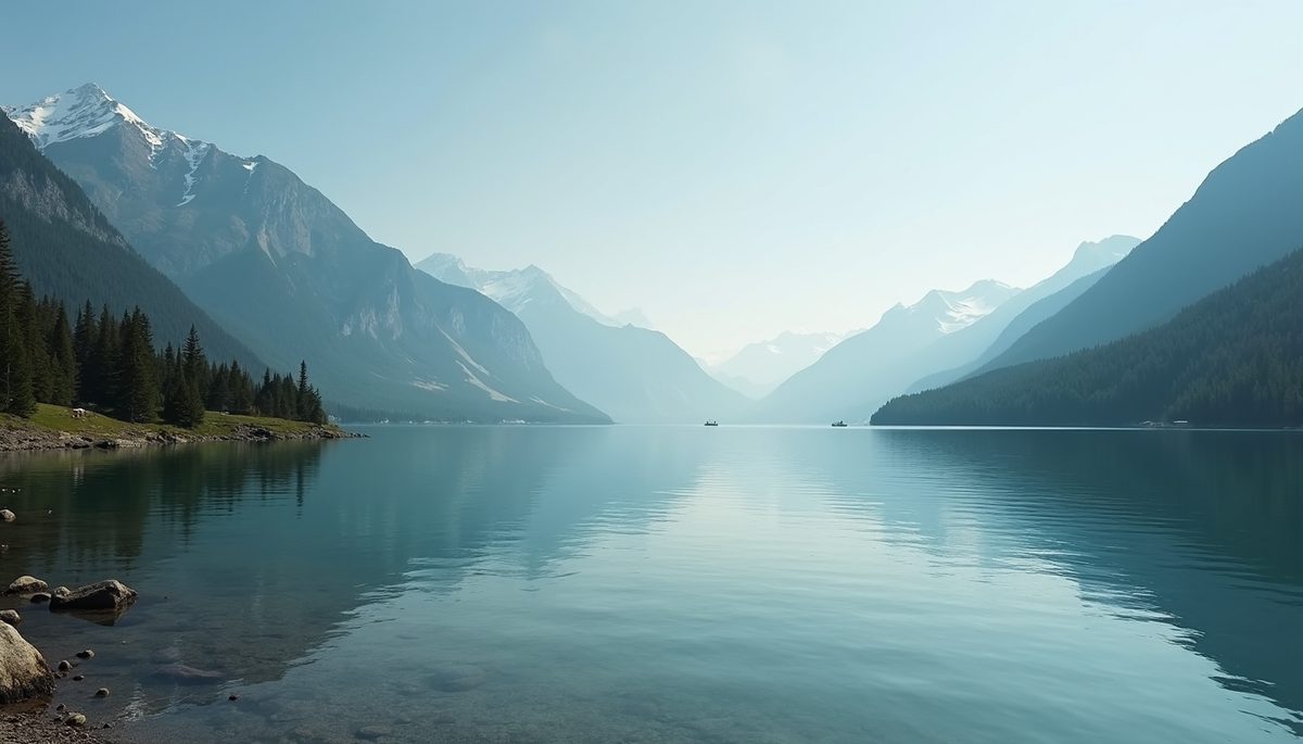 Wide angle view of a serene lake with mountains in the background